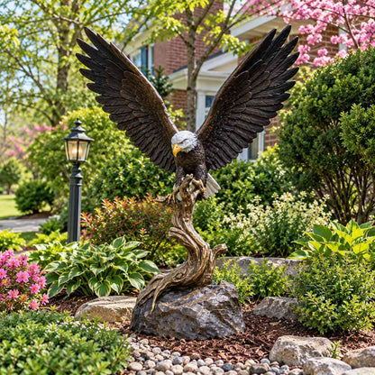 Bronze bald eagle sculpture with wings raised in an estate garden