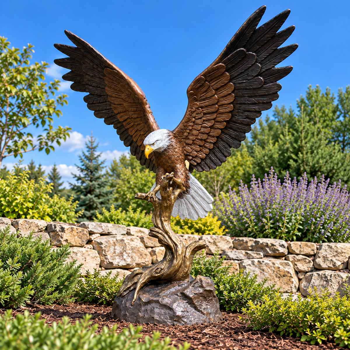 Bronze bald eagle with white head and spread wings in a landscaped garden