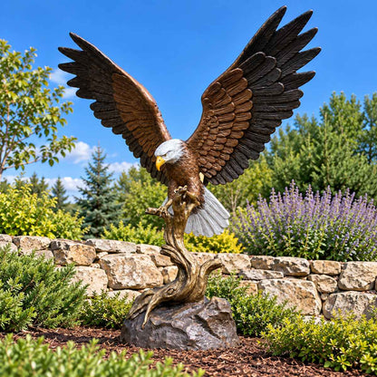 Bronze bald eagle with white head and spread wings in a landscaped garden