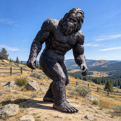 Dark bronze Bigfoot statue displayed in a mountain woodland landscape