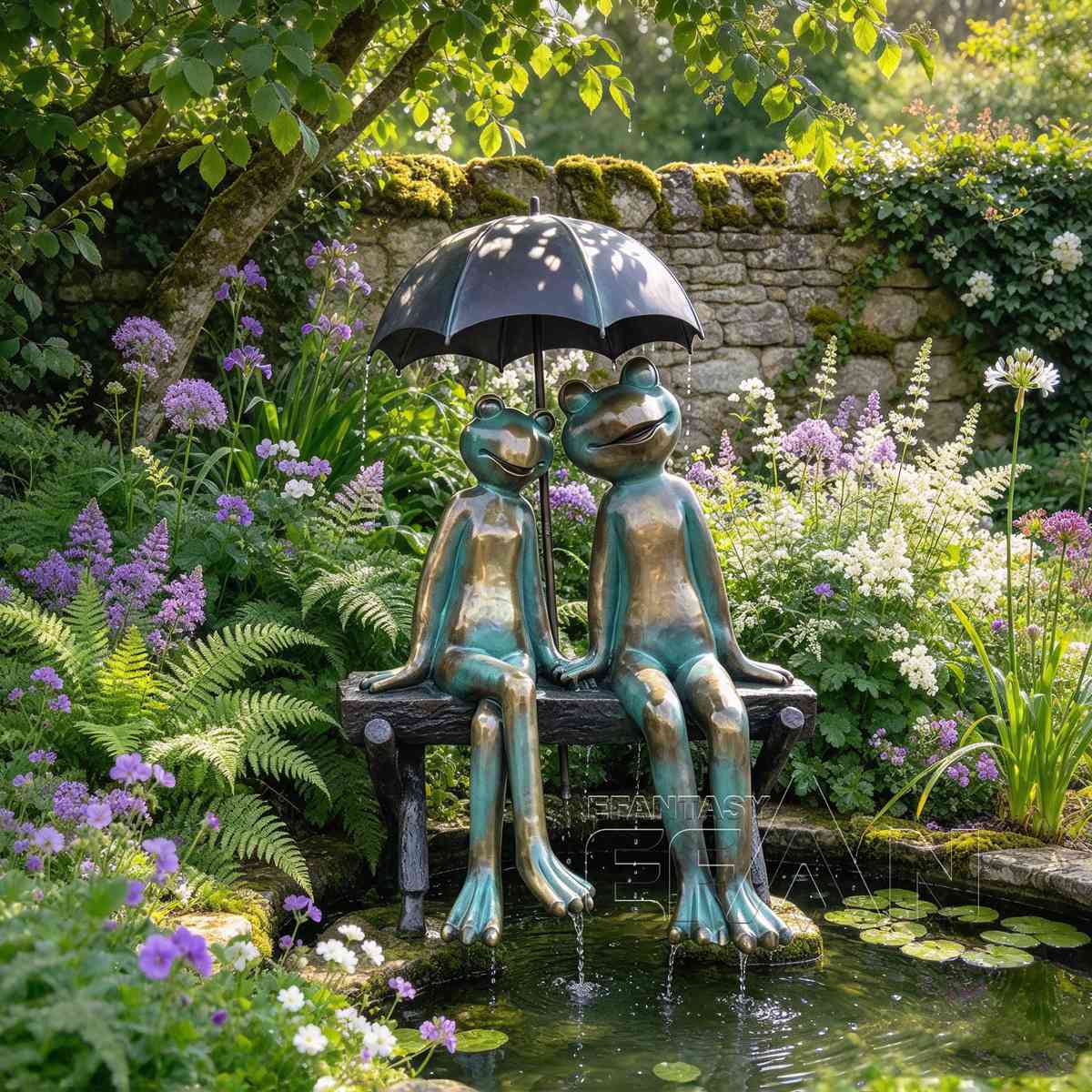 Bronze frog couple sculpture with umbrella in a flower garden by a pond