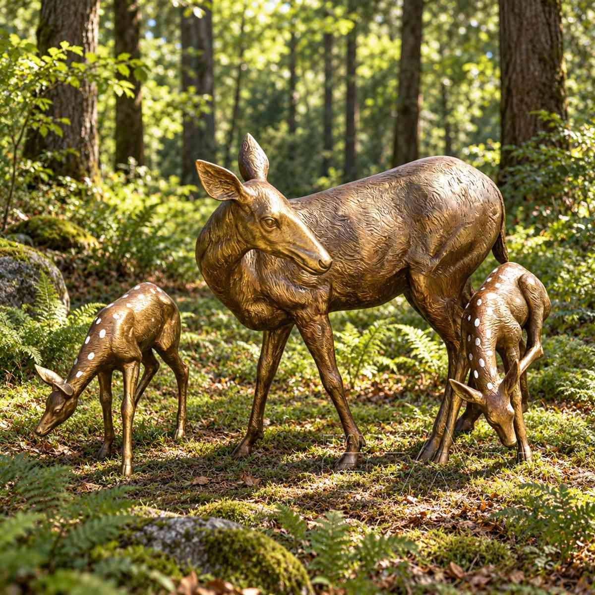 Three-piece bronze deer sculpture set with mother deer and two spotted fawns, product view 3