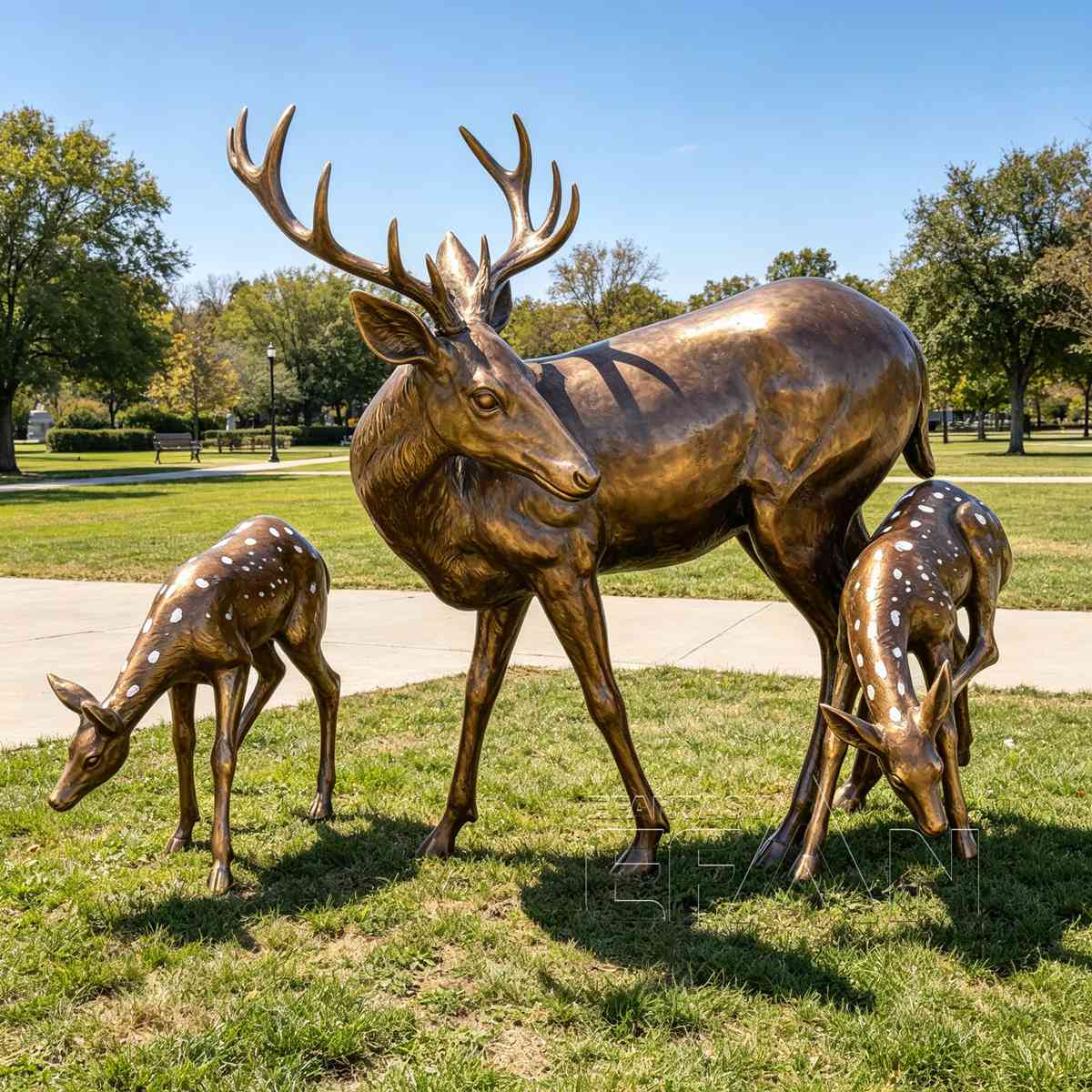 Bronze mother deer with two spotted fawns garden sculpture set, product view 1