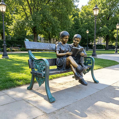 Life Size Bronze Reading Children Bench Garden Statue EFB-22