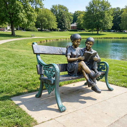 Life Size Bronze Reading Children Bench Garden Statue EFB-22