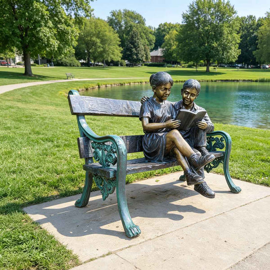 Life Size Bronze Reading Children Bench Garden Statue EFB-22