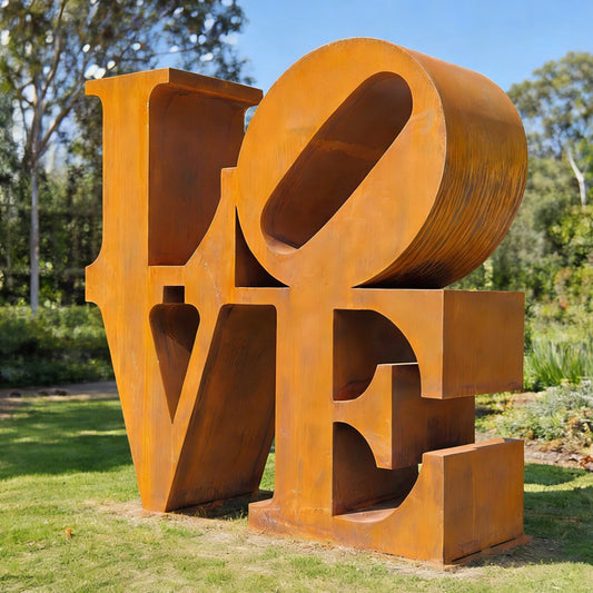 Modern Outdoor Art LOVE Letter Sculpture – in Corten Steel, Mirror Steel & Red Color
