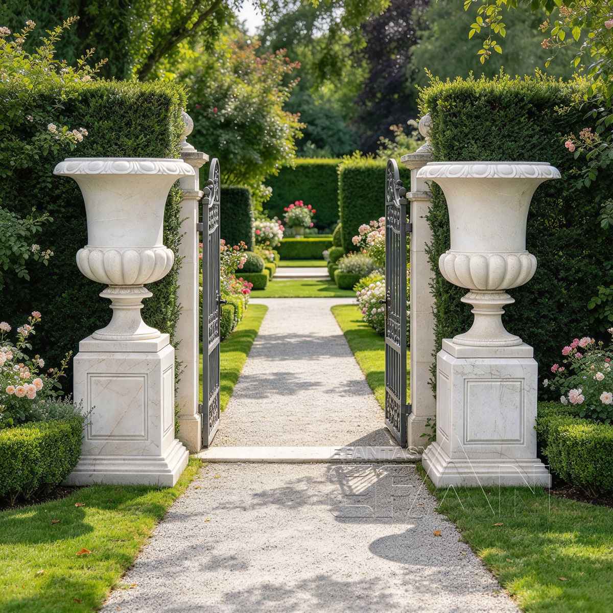 Two white marble flower pots on square pedestals beside a formal garden gate