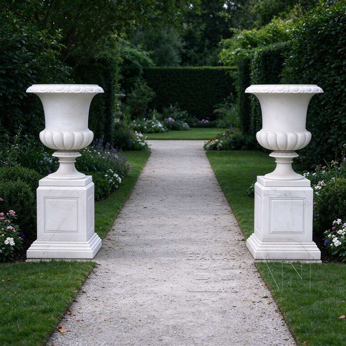 Pair of white marble flower pots with square pedestals along a garden walkway