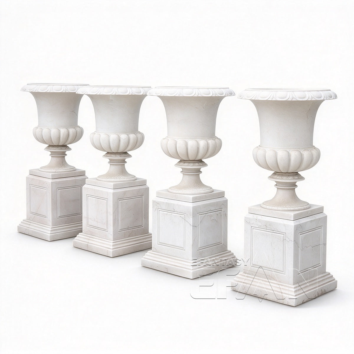 Four white marble flower pots with square pedestals on a white background