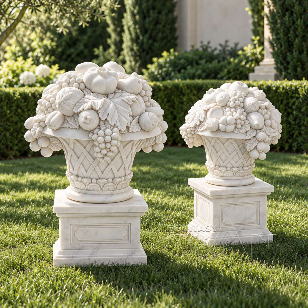 Two white marble fruit basket sculptures displayed on square pedestals in a garden