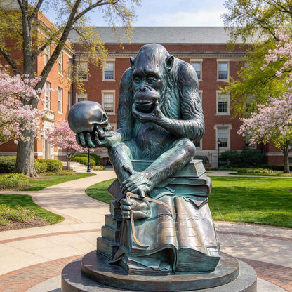 Bronze gorilla holding a skull on a university campus lawn