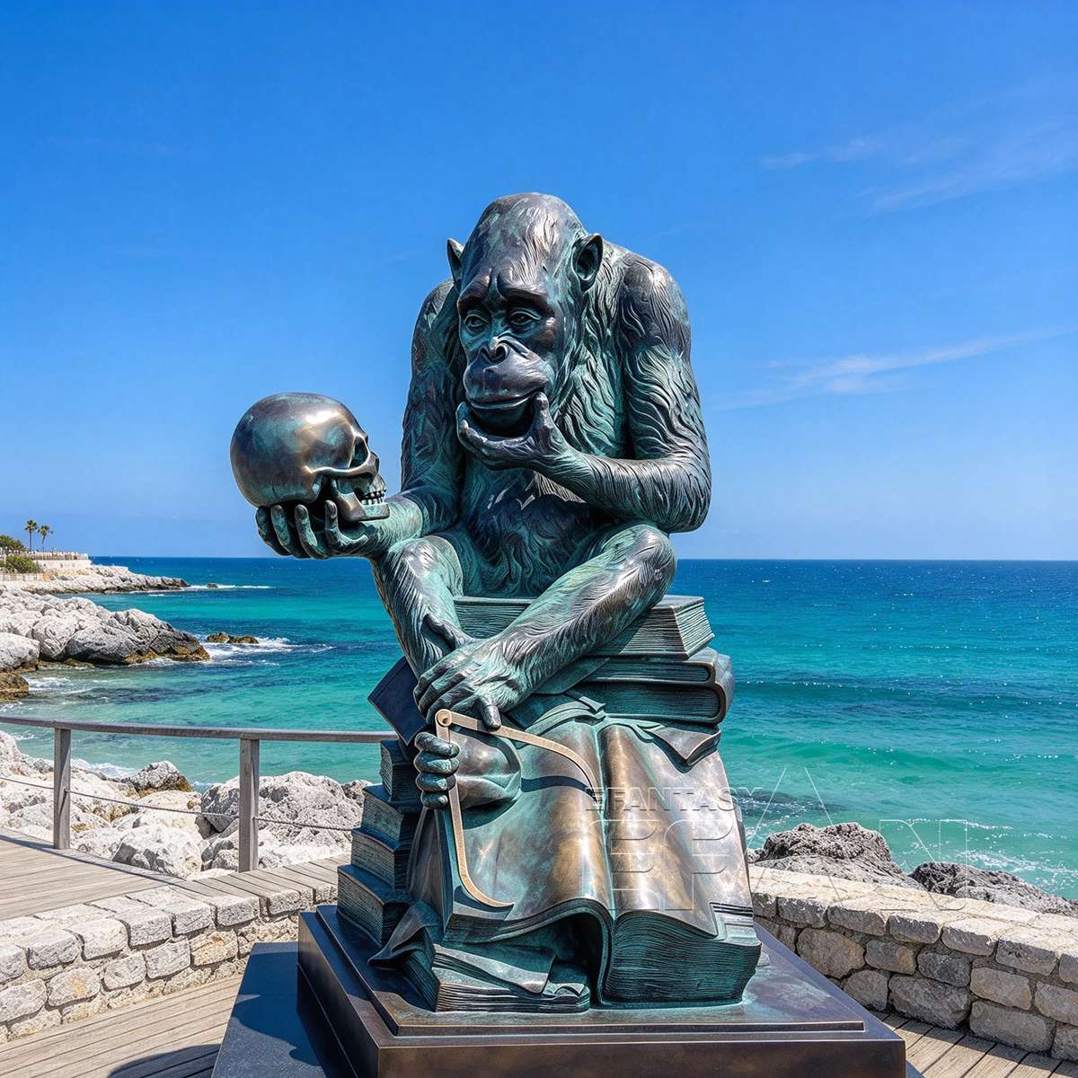 Green patina bronze gorilla and skull sculpture beside the sea