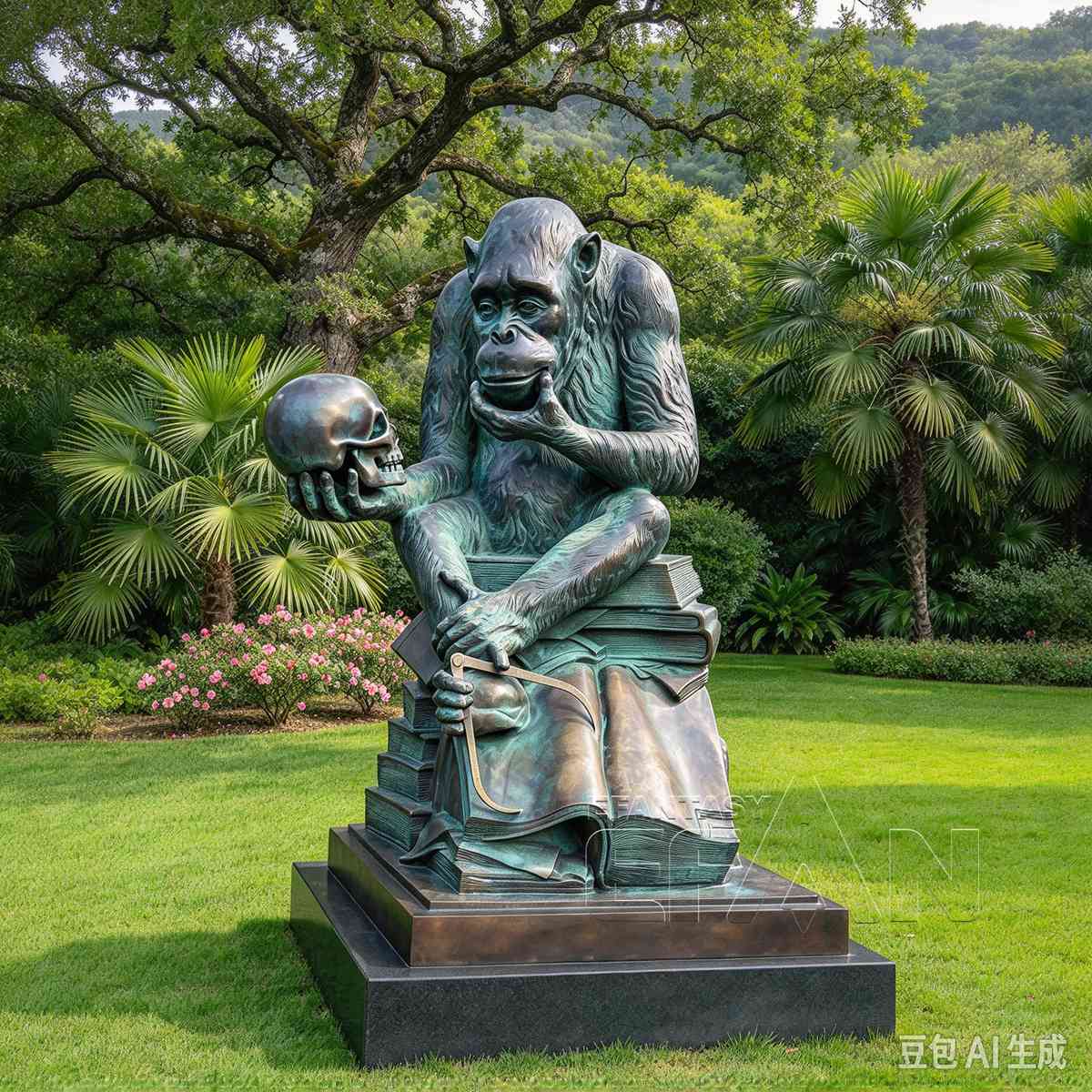 Green patina bronze gorilla with skull and books in a landscaped garden