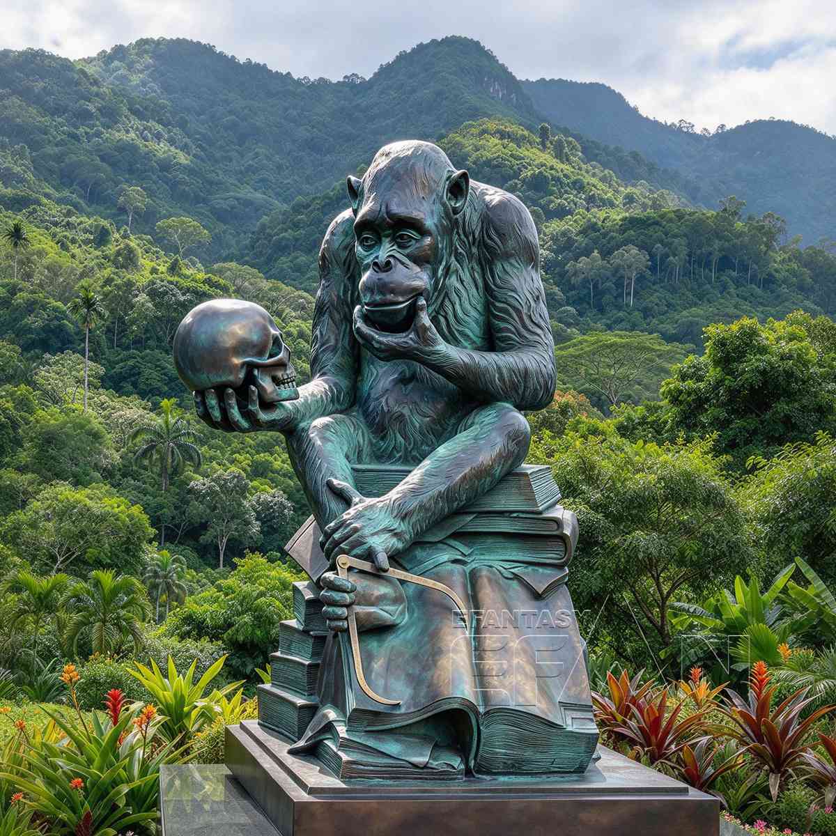 Green bronze gorilla with skull and books against a forested mountain backdrop