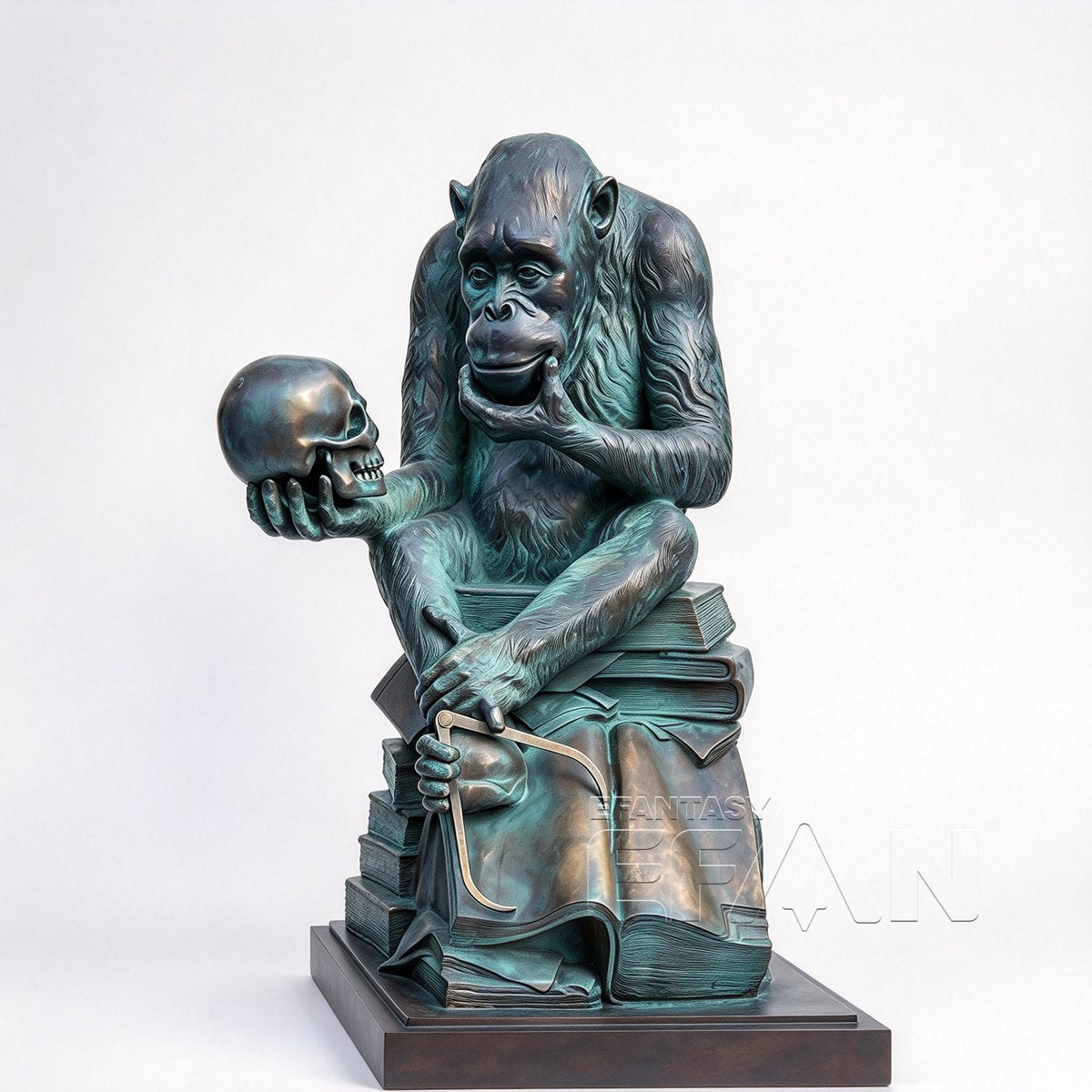 Green patina bronze gorilla holding a skull while seated on sculpted books, white background