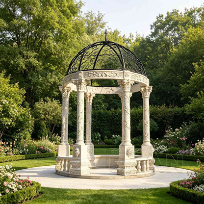 Hand-Carved Natural White Marble Gazebo with Twining Vine Corinthian Columns