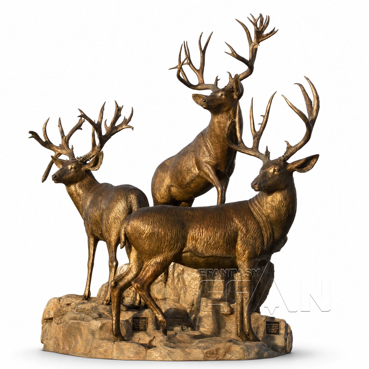 Antique gold bronze elk sculpture group, three statues for a wildlife lodge