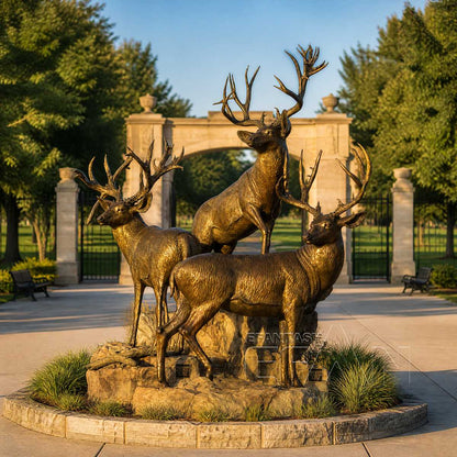 Set of three antique gold bronze elk statues with dark brown patina
