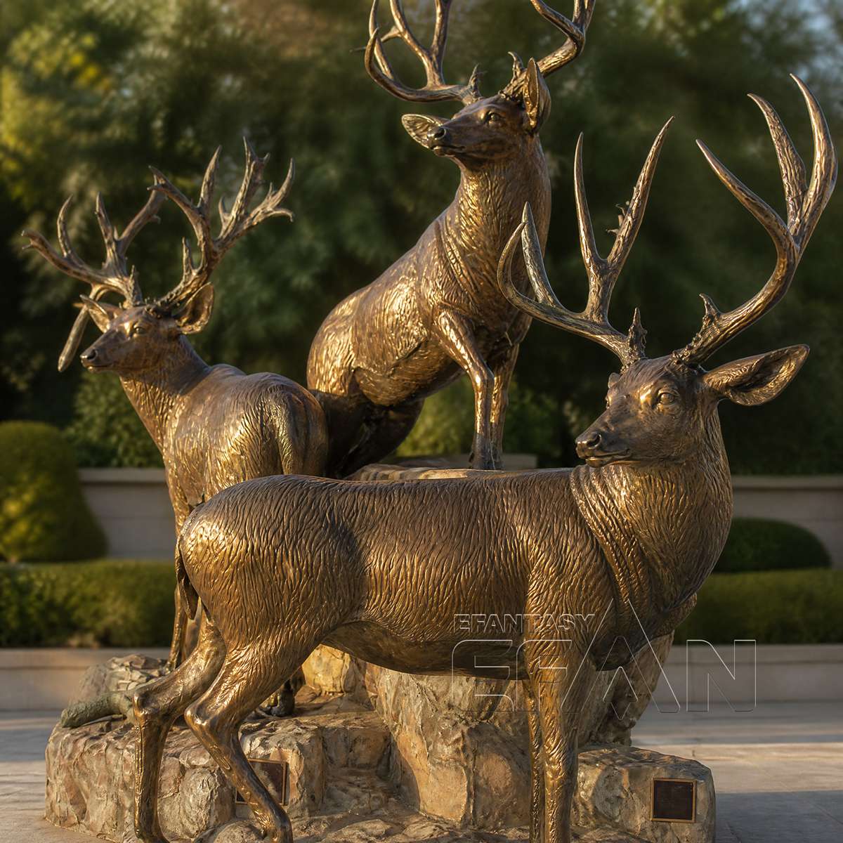 Antique gold and dark brown bronze elk statue set of three
