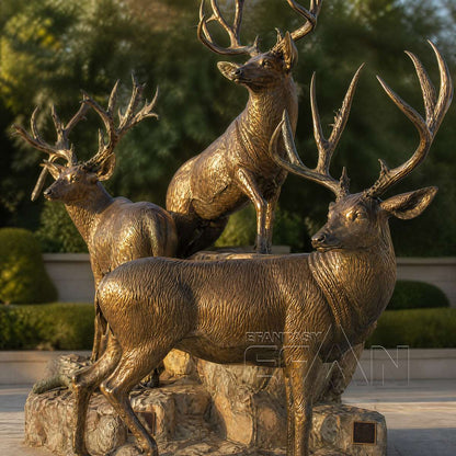 Antique gold and dark brown bronze elk statue set of three