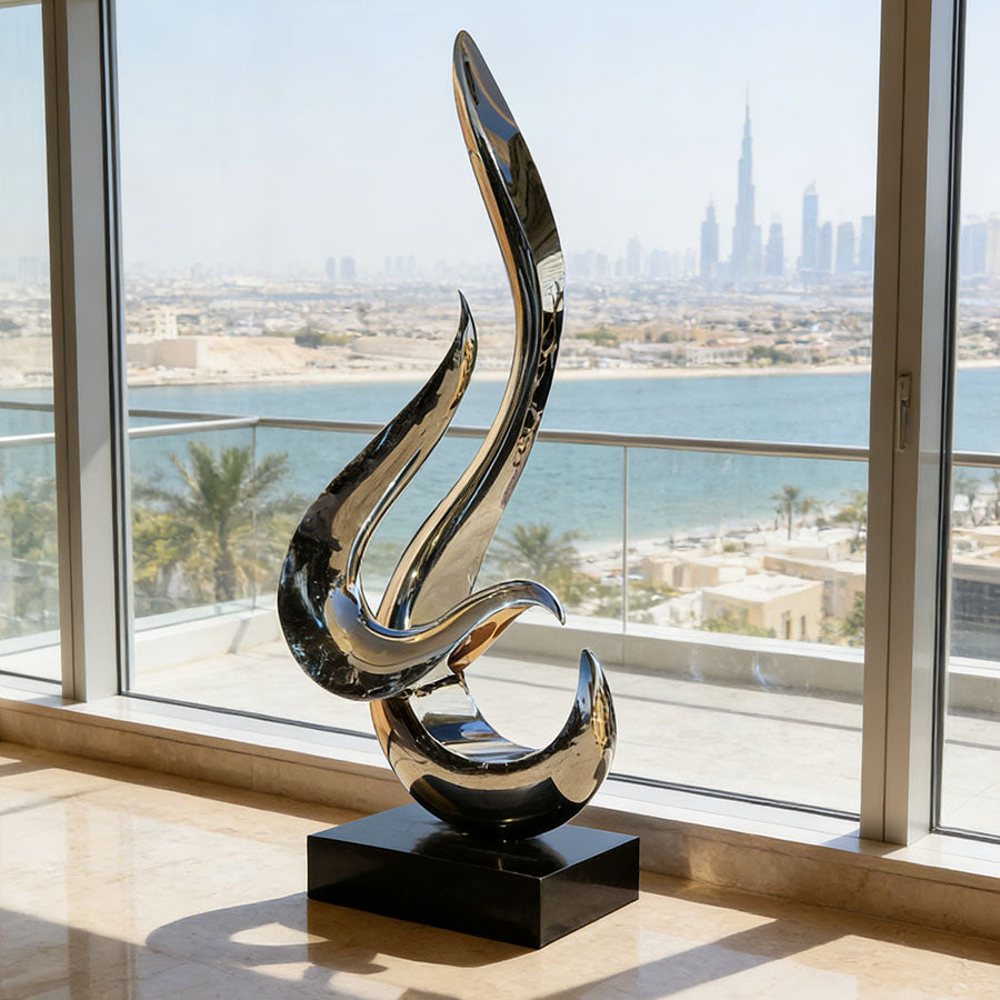 Modern Metal Mirror Polished Abstract Flame Stainless Steel Sculpture EFS-23