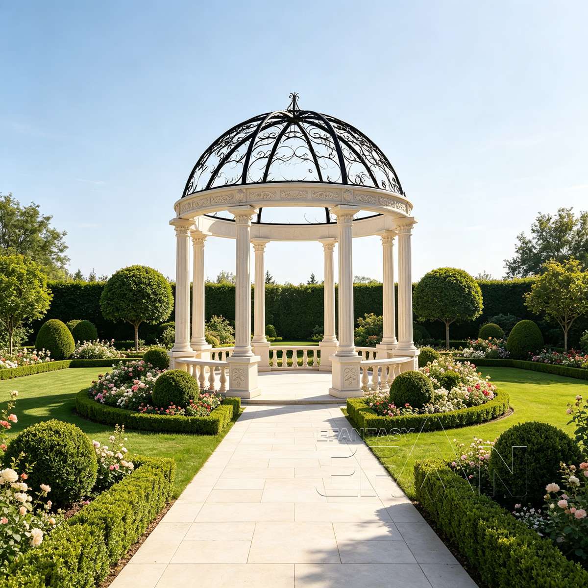 Natural Marble Gazebo with Fluted Roman Columns and Wrought Iron Dome