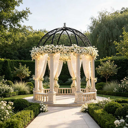 Natural Marble Gazebo with Fluted Roman Columns and Wrought Iron Dome
