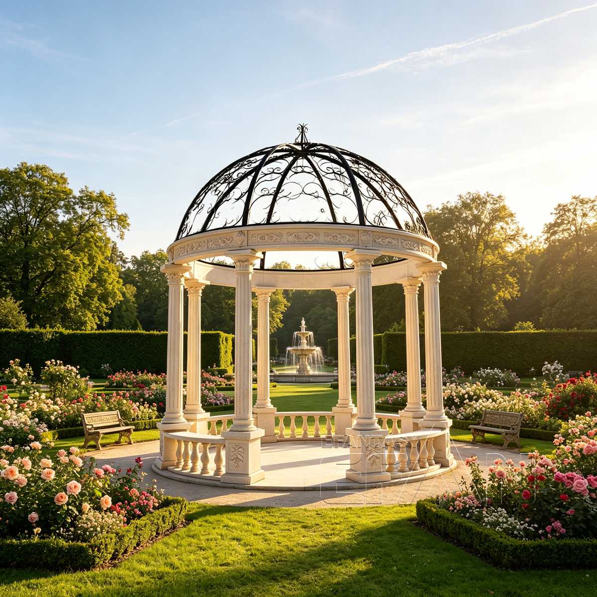 Natural Marble Gazebo with Fluted Roman Columns and Wrought Iron Dome
