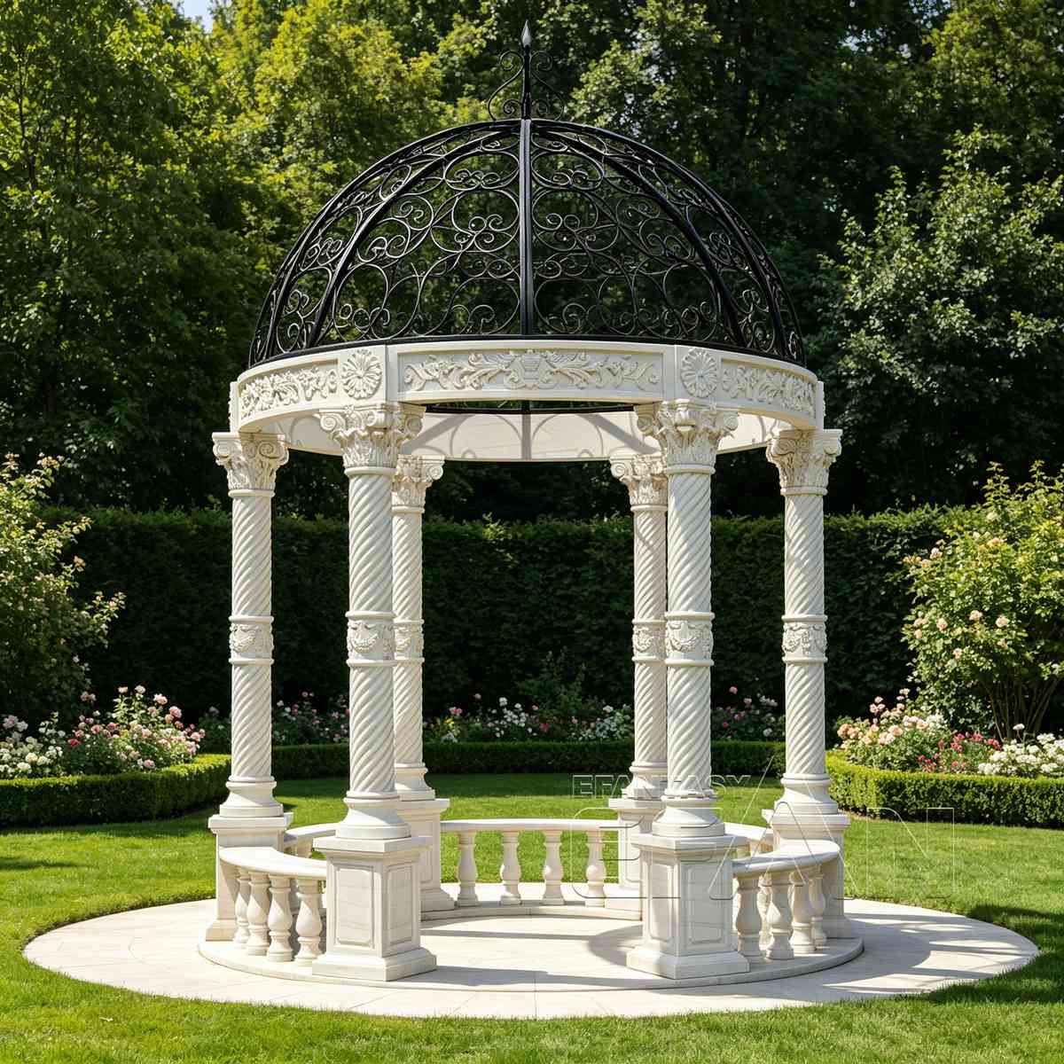 White Marble Gazebo with Roman Columns and Ornate Wrought Iron Dome for Garden