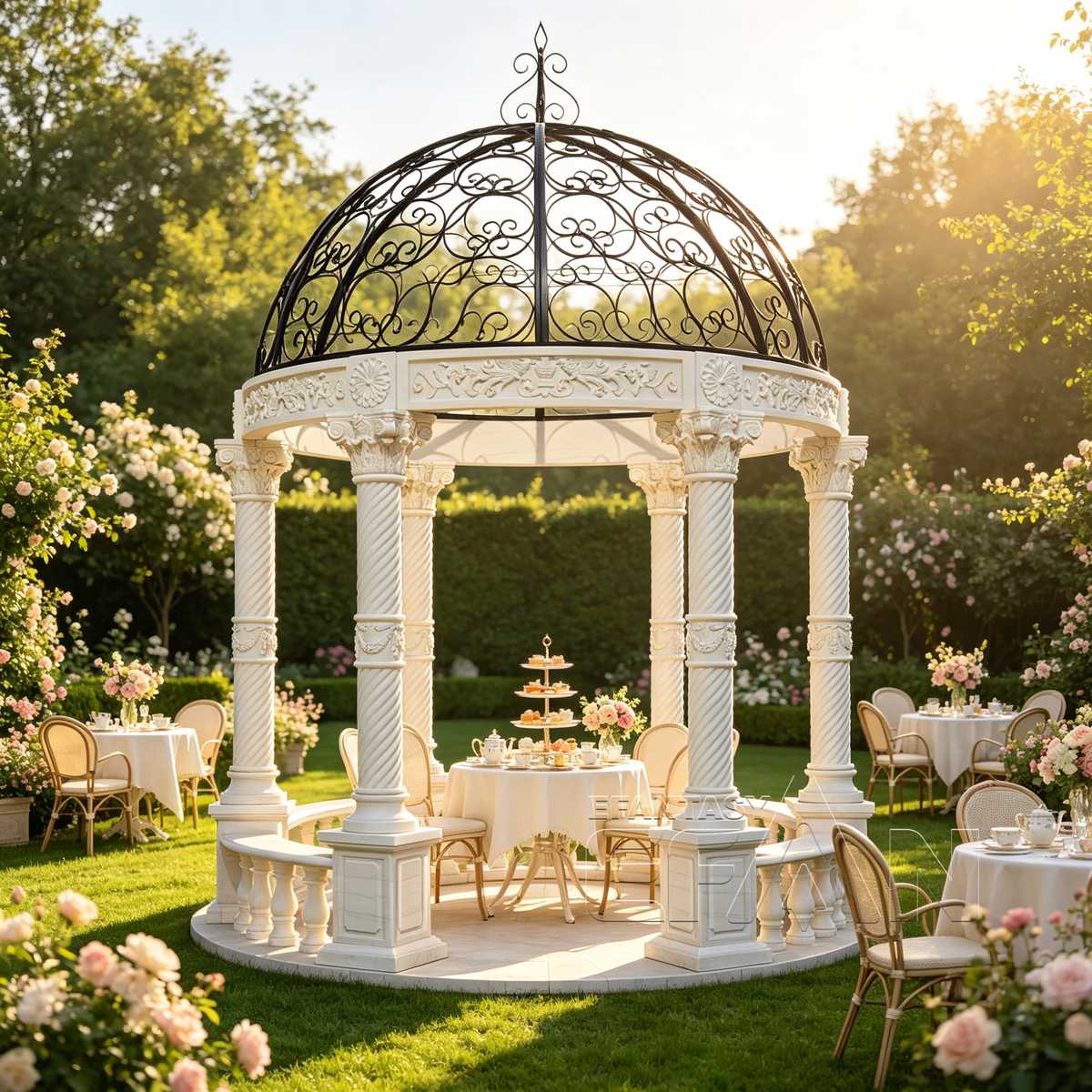 White Marble Gazebo with Roman Columns and Ornate Wrought Iron Dome for Garden
