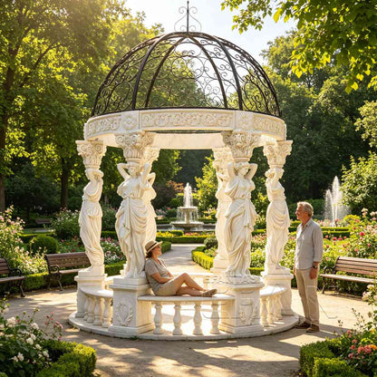 Hand-Carved Natural White Marble Gazebo with Caryatid Lady Pillars, Wrought Iron Dome