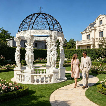 Hand-Carved Natural White Marble Gazebo with Caryatid Lady Pillars, Wrought Iron Dome