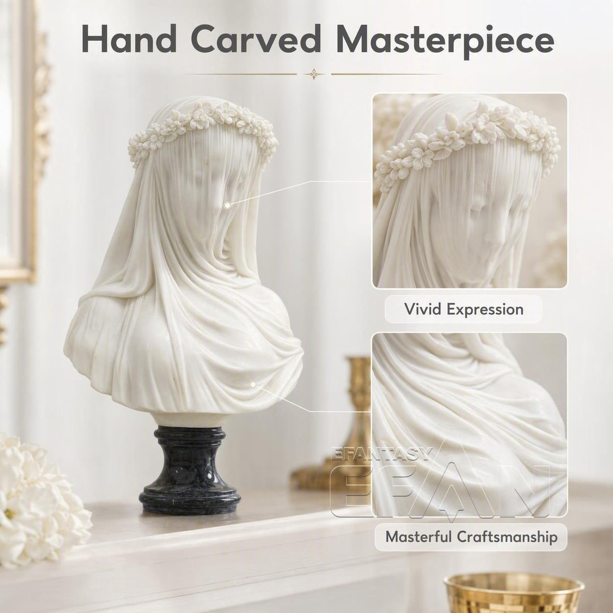 Marble Veiled Virgin Sculpture with Floral Crown for Living Room & Library & Hotel Lobby