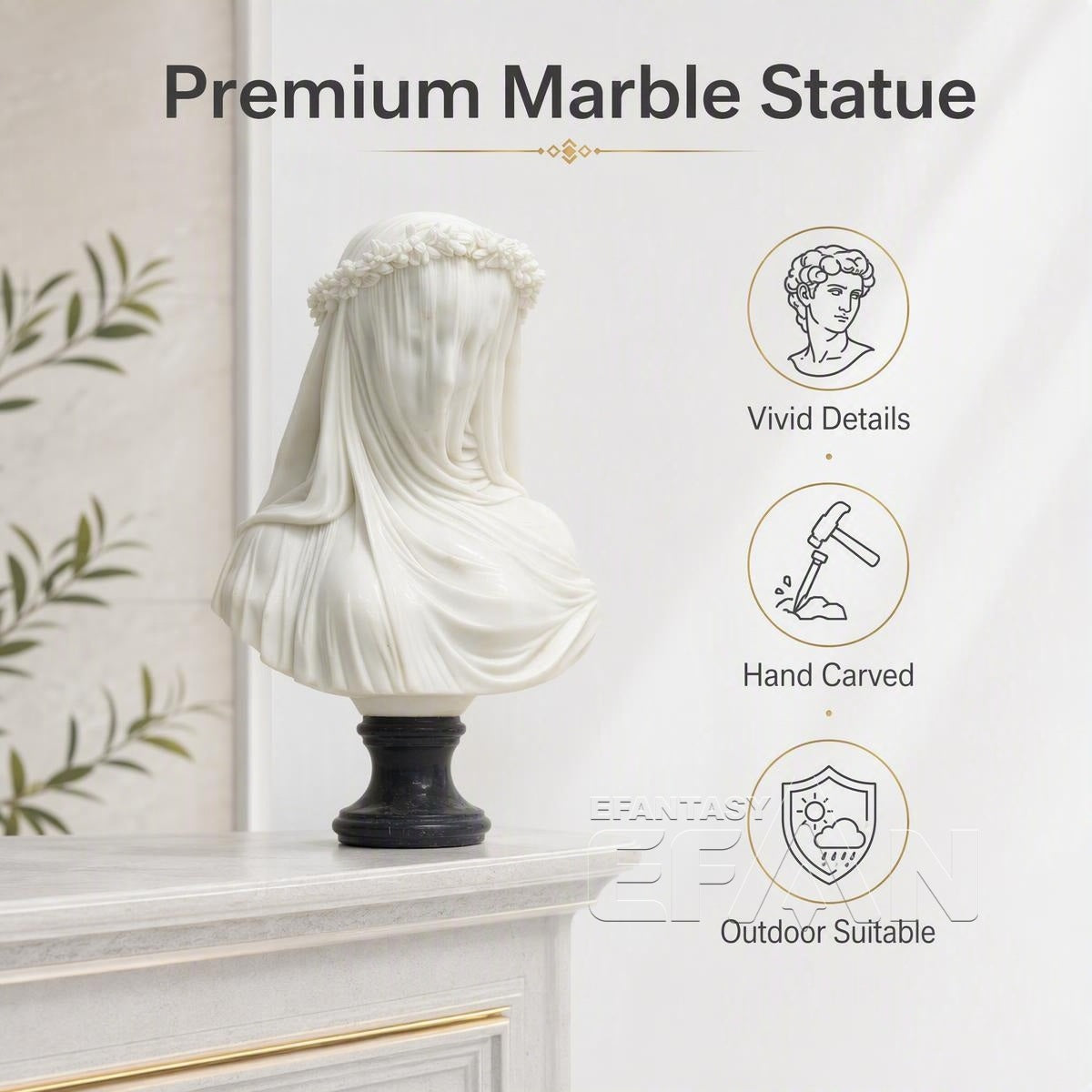Marble Veiled Virgin Sculpture with Floral Crown for Living Room & Library & Hotel Lobby