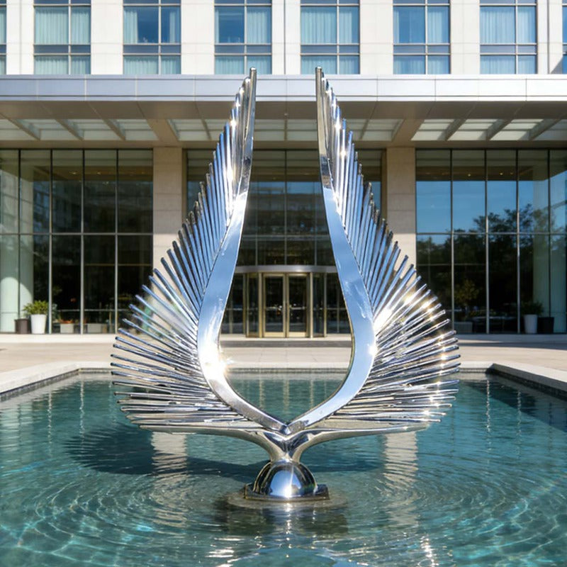Mirror Polished Stainless Steel Wings Sculpture for Hotel and Water Feature
