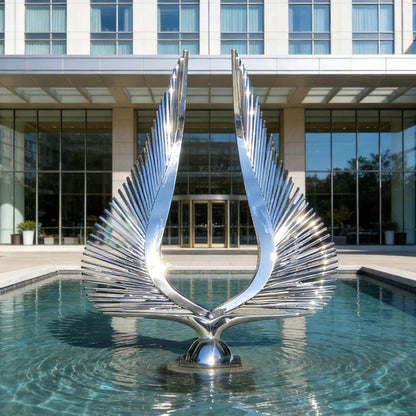 Mirror Polished Stainless Steel Wings Sculpture for Hotel and Water Feature