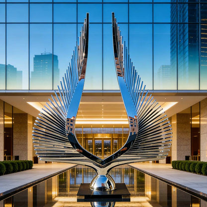 Mirror Polished Stainless Steel Wings Sculpture for Hotel and Water Feature