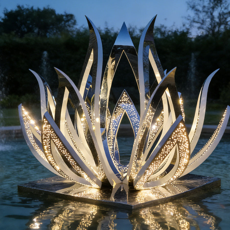 Stainless Steel Water Feature Lotus Sculpture with Lighting