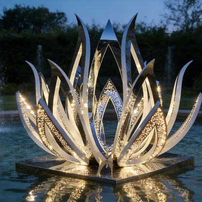 Stainless Steel Water Feature Lotus Sculpture with Lighting