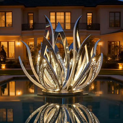 Stainless Steel Water Feature Lotus Sculpture with Lighting