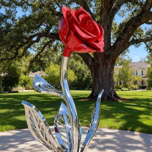 Contemporary Red Rose Sculpture in Stainless Steel with Mirror Finish Stem