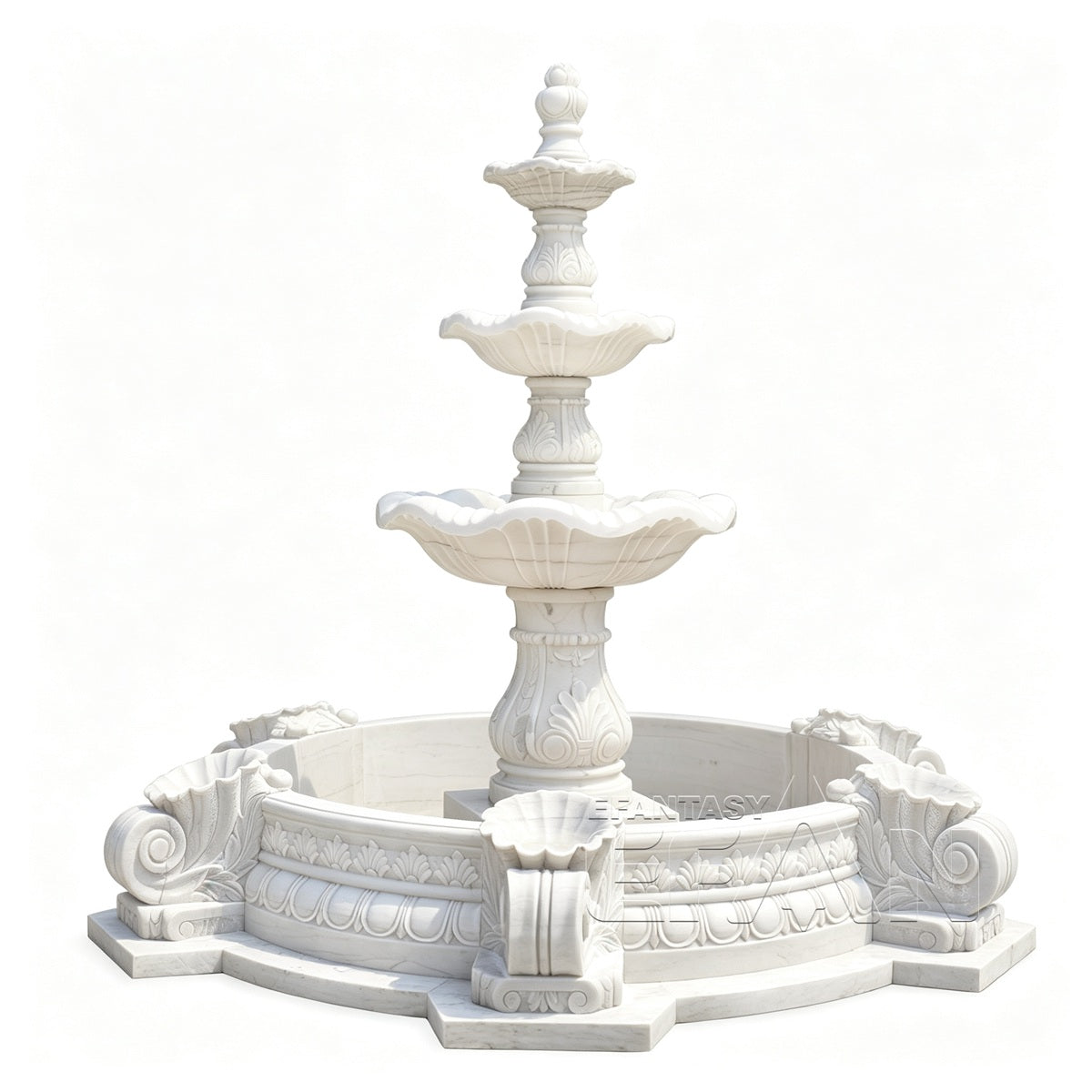 White Marble 3-Tier Fountain with Baroque Scroll and Shell Pool Surround for Grand Estate Landscape