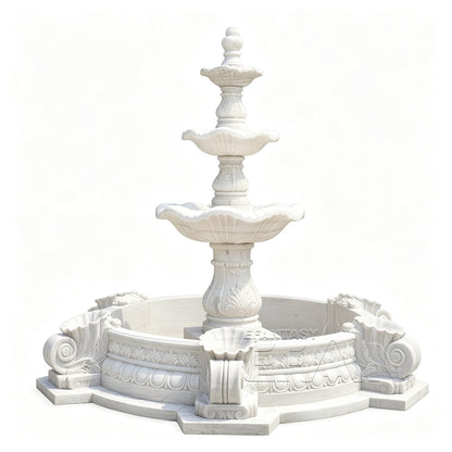 White Marble 3-Tier Fountain with Baroque Scroll and Shell Pool Surround for Grand Estate Landscape