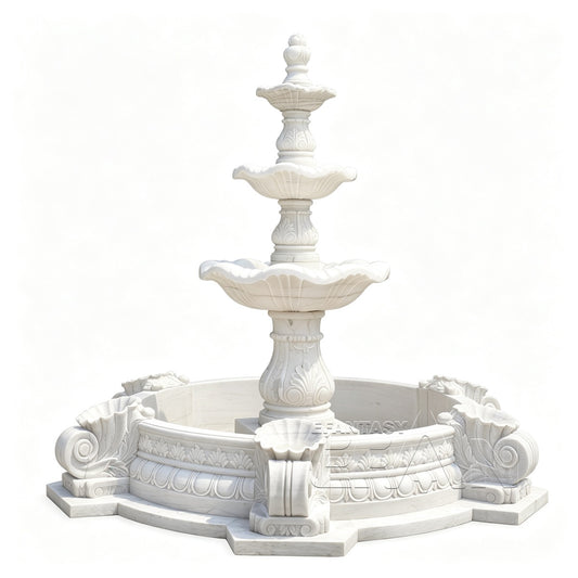 White Marble 3-Tier Fountain with Baroque Scroll and Shell Pool Surround for Grand Estate Landscape