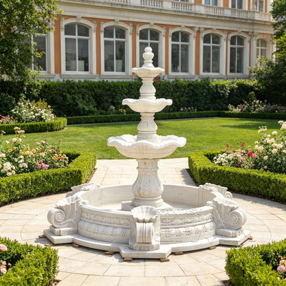 White Marble 3-Tier Fountain with Baroque Scroll and Shell Pool Surround for Grand Estate Landscape
